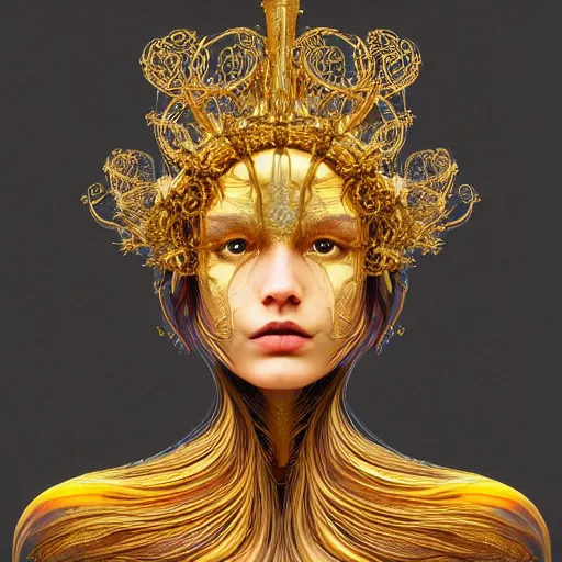 Image similar to a beautiful symmetrical head wearing a crown made of golden ornaments by alex gray and android jones , Karol Bak, Ayami Kojima, Amano , 3D, 8k resolution