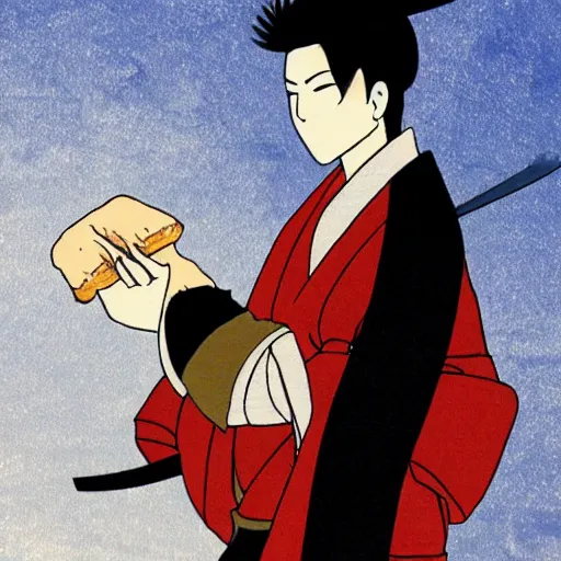 Prompt: a samurai holding a French baguette in his hand instead of a sword, anime style