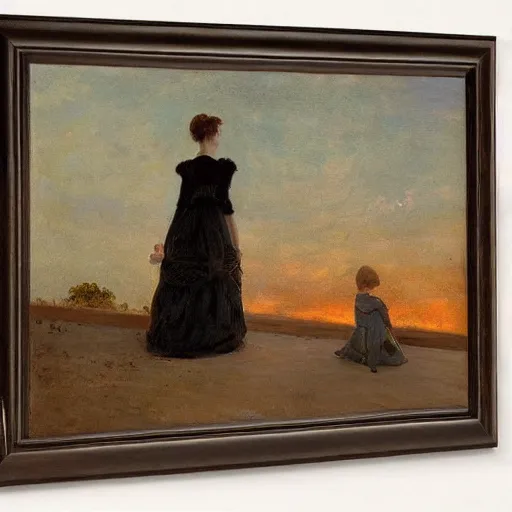 Prompt: young lady in ball gown and young worker watching the sunset by alfred stevens