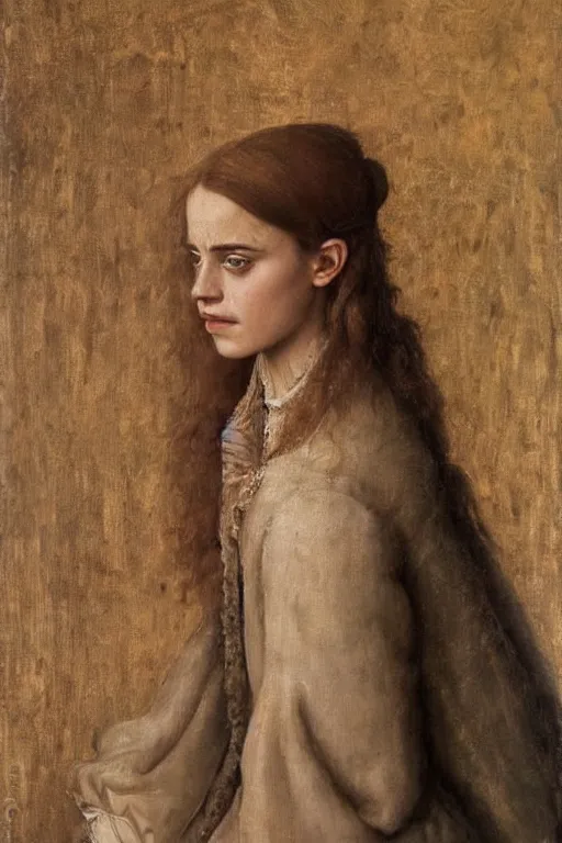 Image similar to portrait of emma watson, oil painting by jan van eyck, northern renaissance art, old masters, alla prima, realistic, expressive emotions, intricate textures, illusionistic detail