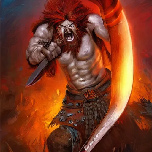 Image similar to masterpiece digital painting portrait of gotrek! ( troll slayer dwarf ) yelling, frenzy, punk hair style, red hair, epic, cinematic lights, huge axe, by boris vallejo and johan grenier, warhammer battle, artstation, pinterest, unreal engine, 8 k, detailed