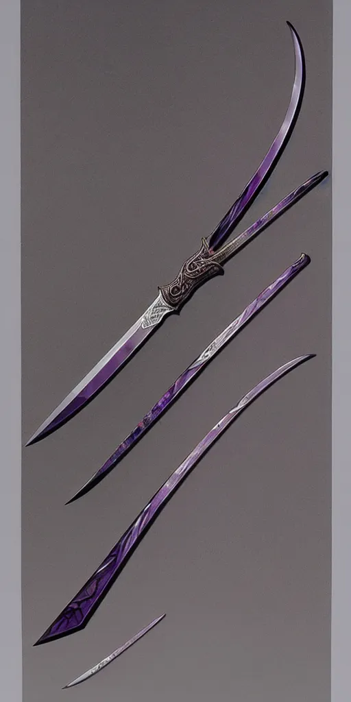 Image similar to a katana in the style of zdzisław beksinski, elegant, silver and amethyst, crescent moon motif, weapon