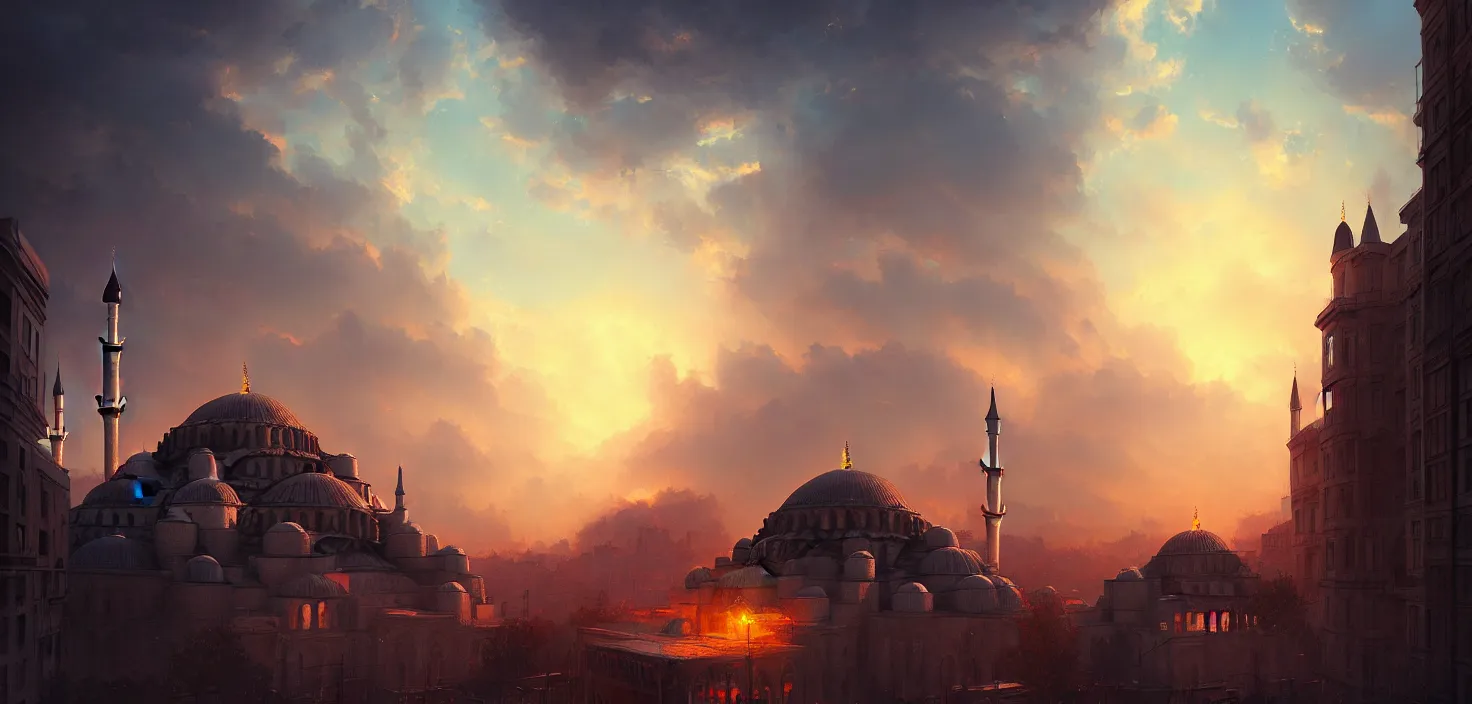 Image similar to istanbul, cinematic view, epic sky, detailed, concept art, low angle, high detail, warm lighting, volumetric, godrays, vivid, beautiful, trending on artstation, by jordan grimmer, huge scene, art greg rutkowski