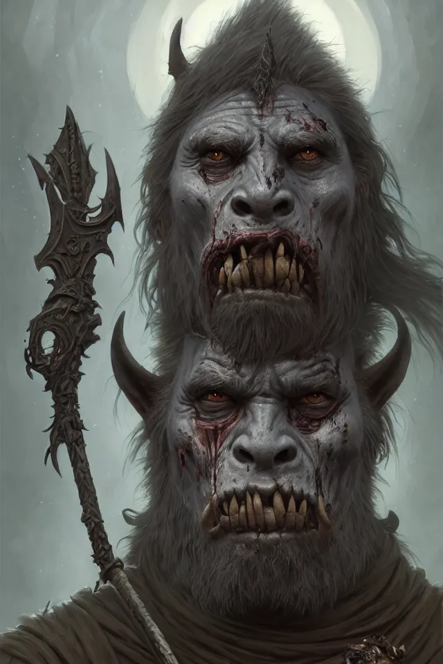 Image similar to portrait of an undead gray nomadic orc, looking at camera, d & d, savage warrior, fur attire, aztec hair, large noses, intricate, fantasy, extremely detailed, digital painting, artstation, concept art, smooth, sharp focus, illustration, ambient lighting, art by artgerm and greg rutkowski and alphonse mucha and simon stalenhag