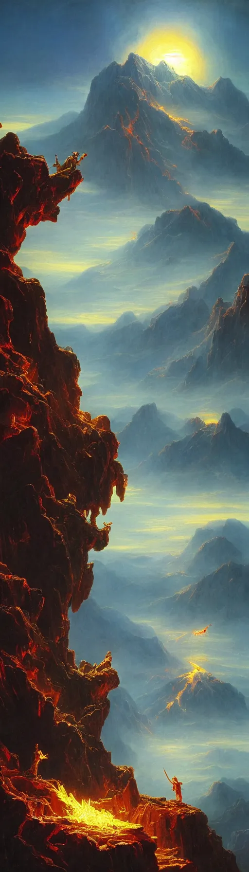 Prompt: Prometheus stealing fire from the Gods on Mount Olympus. In the style of an awe-inspiring Bruce Pennington Thomas Cole and Grimshaw digital art mural painting. unreal engine, 4k, matte, exquisite detail