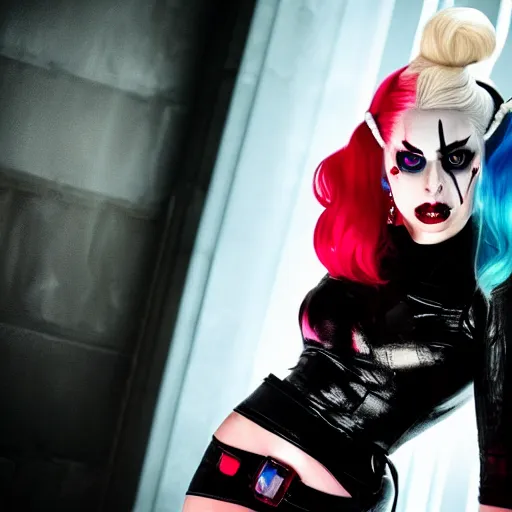 Image similar to beautiful awe inspiring Lady Gaga playing Harley Quinn 8k hdr moody lighting