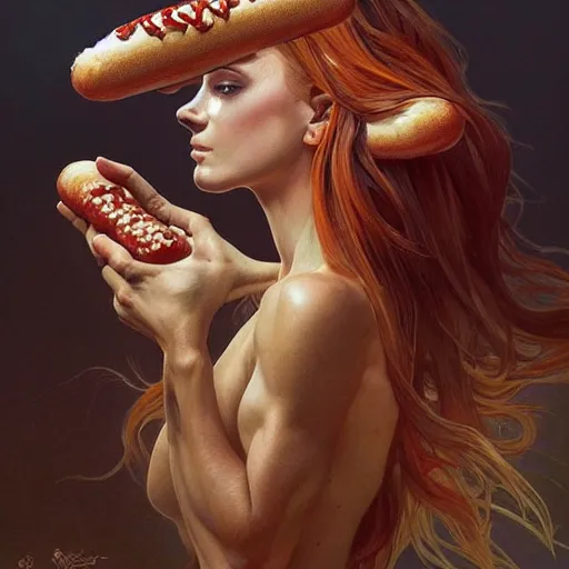 Image similar to portrait of a horse with hot dogs for legs, handsome, D&D, fantasy, intricate, elegant, highly detailed, digital painting, artstation, concept art, matte, sharp focus, illustration, art by Artgerm and Greg Rutkowski and Alphonse Mucha