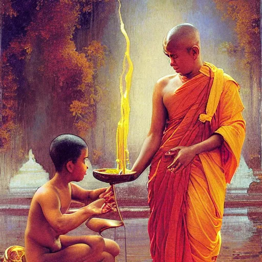 Image similar to old srilankan buddhist monk pouring liquid gold into buddhist monk kid head baroque style, painting by gaston bussiere, craig mullins, j. c. leyendecker, lights, art by ernst haeckel, john william godward, hammershøi,