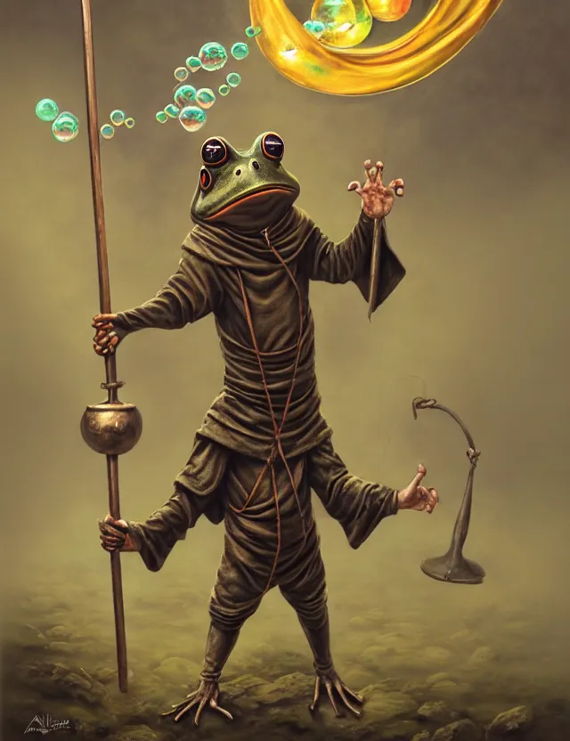 Prompt: anthropomorphic bipedal frog that is dressed as a medieval monk, and holding a giant flail, as a matte oil painting and d & d character art, by alex grey, standing, fullbody, vibrant, floating bubbles, enlightened, fog, fractals, spirals, concept art, award - winning, extremely detailed, sharp focus