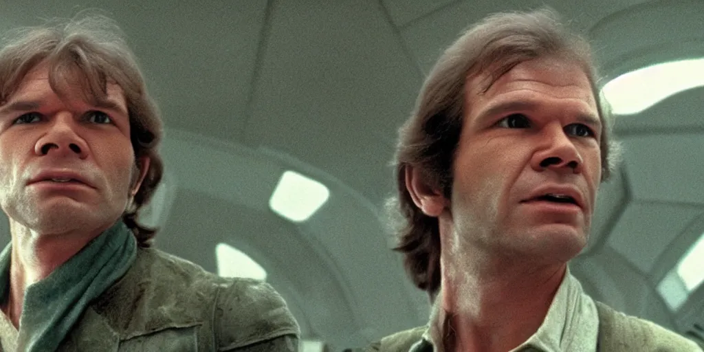 Image similar to screenshot of portrait Han Solo standing in an surreal light green 70s round minimalist architecture, on a planet of maelstrom, chaos, the world without form and void, 1970s film by Stanley Kubrick, iconic scene, HR Geiger design, stunning cinematography, octane render, hyper-detailed, sharp, anamorphic lenses, kodak color, 4k, stunning