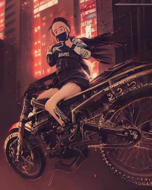 Image similar to kyoto animation girl wearing cyberpunk intricate streetwear riding dirt bike, respirator, detailed portrait, cell shaded, 4 k, concept art, by wlop, ilya kuvshinov, artgerm, krenz cushart, greg rutkowski, pixiv. cinematic dramatic atmosphere, sharp focus, volumetric lighting, cinematic lighting, studio quality