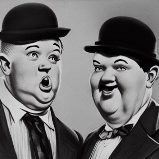Image similar to Laurel and Hardy in hats are standing, looking into the distance. the man in the centre is facing the front, looking downwards at his stomach by Frank Kelly Freas