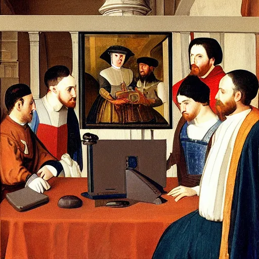 Prompt: a painting of a medieval era group of people looking at a computer in the style of diego velazquez
