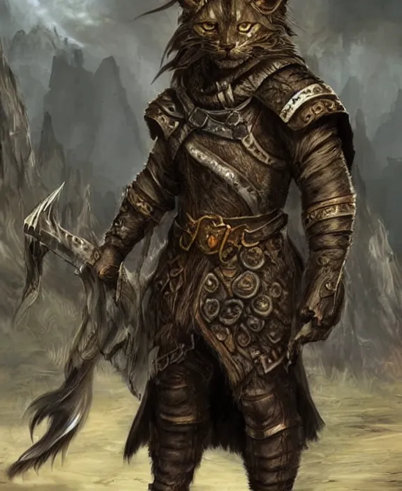 Image similar to humanoid male khajiit rogue with a scar on left eye, wearing leather armor with a hood, mainecoon cat features with black fur, far - mid shot, magic the gathering, fantasy