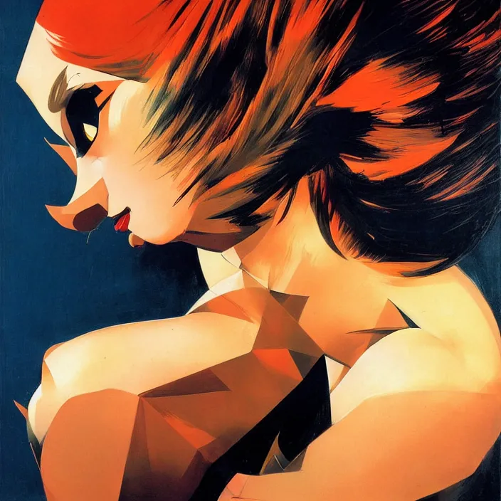 Prompt: abstract portrait of a hyperbeautiful catgirl, geometric, anime style, caravaggio, syd mead