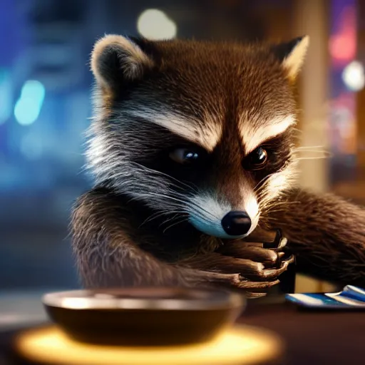 Prompt: rocket raccoon sitting alone at a table in a cafe in a cyberpunk city, close up shot, sharp focus, shallow depth of field, highly detailed face, 8k, unreal engine 5, cinematic lighting, vivid elegant fantasy concept art, character art, stern blue neon atmosphere, artstation, deep complimentary colors, volumetric lighting, photorealistic, hyperdetailed 3D matte painting, hyperrealism, hyperrealistic masterpiece