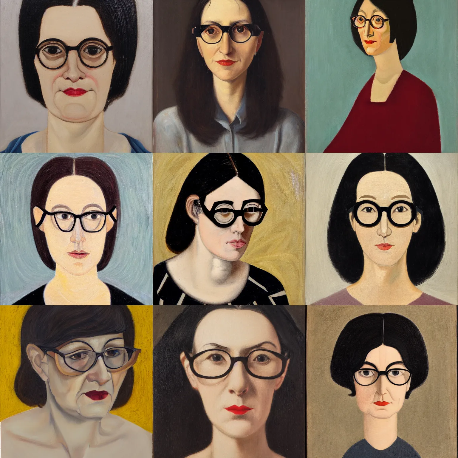 Prompt: portrait of a middle - aged woman, dark hair, angular asymmetrical face, tall nose, thin lips, wearing round glasses, oil on canvas