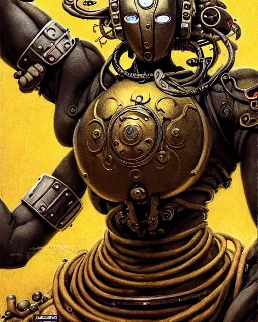 Image similar to zenyatta from overwatch, heavey metal magazine cover, character portrait, portrait, close up, concept art, intricate details, highly detailed, in the style of frank frazetta, r. giger, esteban maroto, richard corben, pepe moreno, matt howarth, stefano tamburini, tanino liberatore, luis royo and alex ebel