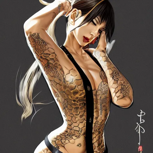 Image similar to yakuza slim girl, gold suit jacket in snake print, jacket over bare torso, yakuza tattoo on body, black short curtain haircut, black leather pants with black belt, elegant, 2d, ultra highly detailed, digital painting, smooth, sharp focus, artstation, art by artgerm, rossdraws