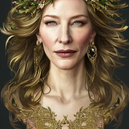Image similar to Portrait of cate blanchett wearing a floral crown, olive skin, long dark hair, beautiful bone structure, shiny gold background, intricate, elegant, highly detailed, digital painting, artstation, concept art, smooth, sharp focus, illustration, art by artgerm and greg rutkowski and alphonse mucha
