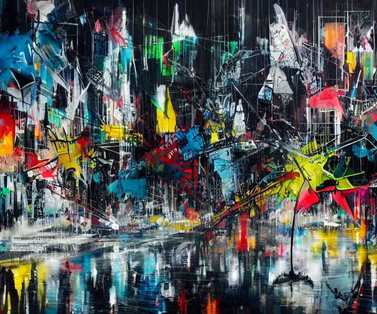 Prompt: acrylic and spraypaint of a metropolitan cityscape at night with wet pavement and reflections, graffiti wildstyle, large brush strokes, painting, paint drips, acrylic, clear shapes, spraypaint, smeared flowers, origami crane drawings, large triangular shapes, painting by ashley wood, basquiat, jeremy mann, masterpiece