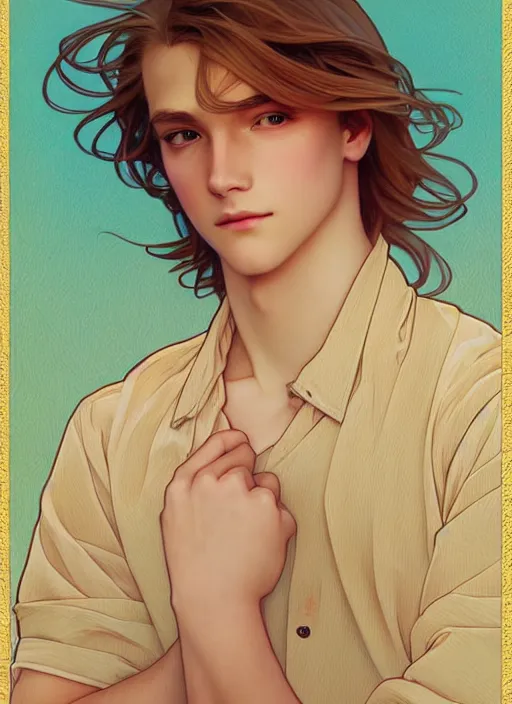 Image similar to pretty young man with shoulder length shiny shimmering golden blond hair, path traced, highly detailed, high quality, digital painting, by studio ghibli and alphonse mucha, leesha hannigan, disney