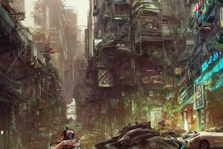 Image similar to a cyberpunk city in ruins, jungle plants overgrowing the streets and buildings, a few cats run through the ruins, by artgerm and amano and rutkowski and kincaid, trending on artstation