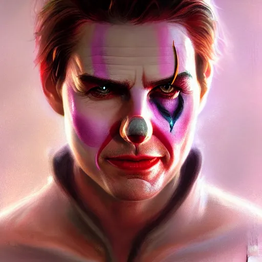 Image similar to Tom Cruise in clown makeup, closeup, D&D, fantasy, intricate, elegant, highly detailed, digital painting, artstation, concept art, matte, sharp focus, illustration, hearthstone, art by Artgerm and Greg Rutkowski and Alphonse Mucha