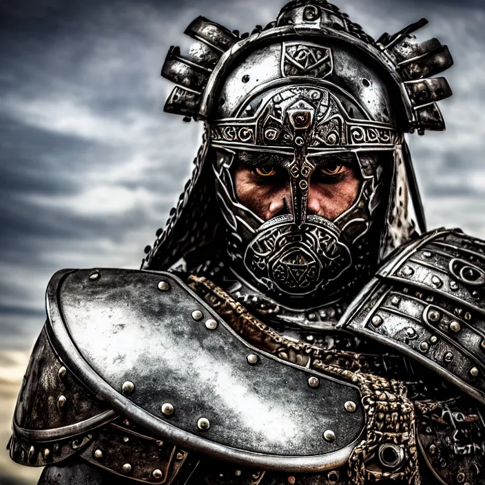 Image similar to photo of a warrior with metal putin with a bear themed armour, highly detailed, 4 k, hdr, smooth, sharp focus, high resolution, award - winning photo