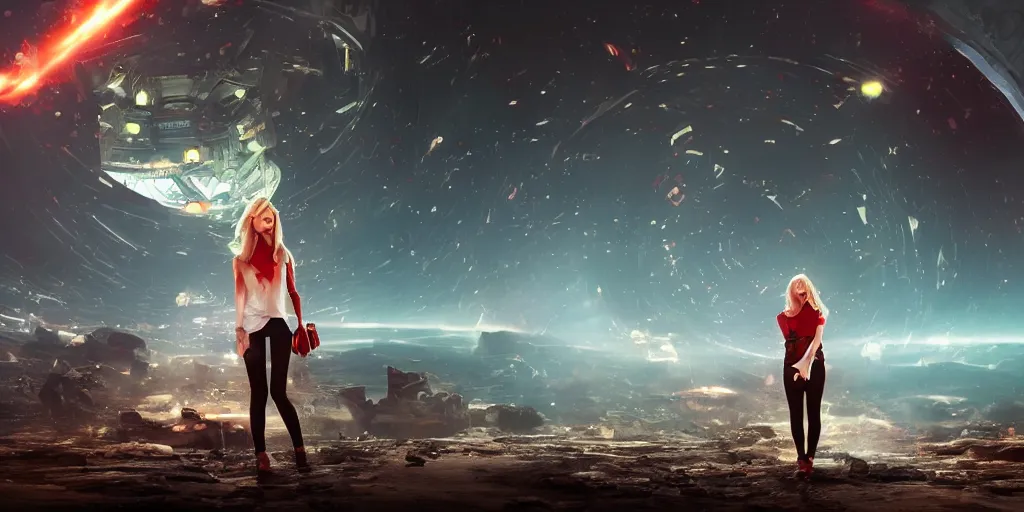 Image similar to a blonde girl standing front of a huge towering and broken stone tablet with red light + alien pattern + an abandoned spaceship, stands in the center of a prosperous city at the end of the world, and the power and energy is explode, secret, mysterious, doomsday, landscape, 2 4 mm lens, video game control, quantum break, arknights,