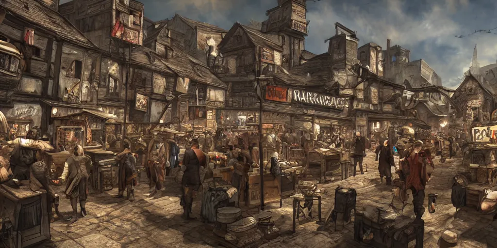 Image similar to a busy marketplace full of merchants in an old medieval town, fallout style, fantasy apocalypse, digital art, 4 k,