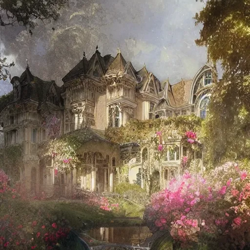 Prompt: a beautifull intricate watercolour painting of a mansion with many flowers, reflexions, verry high details by william turner art, greg rutkowski and alphonse mucha, trending on artstation, very very detailed, masterpiece, - h 7 0 4