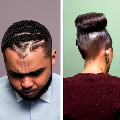 Image similar to tearful! professional millennial man with beehive women's hairstyle