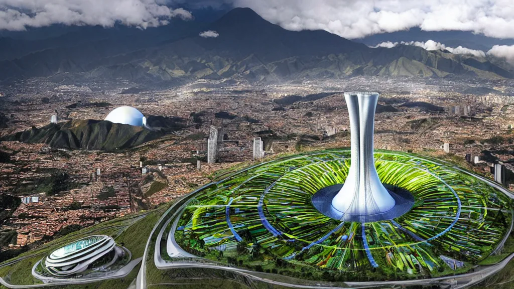 Image similar to Epic Giant Nuclear power Shines gracefully over the techno, city, nature hybrid mountain valley of Quito, Ecuador; by Oswaldo Moncayo and Vincent Callebaut; Art Direction by James Cameron;