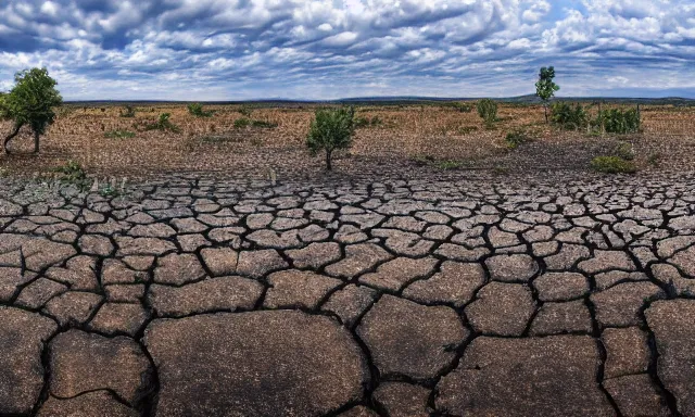 Image similar to beautiful panorama of many magnificent big upside-down raindrops filling a perfect cloudless blue sky full above a dried up river, desolate land, dead trees, blue sky, hot and sunny highly-detailed, elegant, dramatic lighting, artstation, 4k, cinematic landscape, masterpiece photograph by Elisabeth Gadd, National Geographic