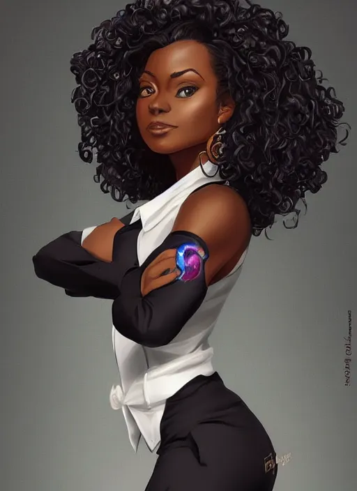 Image similar to detailed digital painting of beautiful black woman in corporate attire with natural hair, fanart behance trending on artstation, concept art, matte, sharp focus, illustration, super hero pose, hearthstone, art by artgerm and greg rutkowski and alphonse mucha