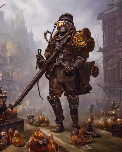 Image similar to oil painting of anthropomorphized hamster legion holding rifles, steampunk clothes, steampunk city background, sharp focus, fantasy style, octane render, volumetric lighting, 8k high definition, by greg rutkowski, highly detailed, trending on art Station, dungeons and dragons artwork, centered