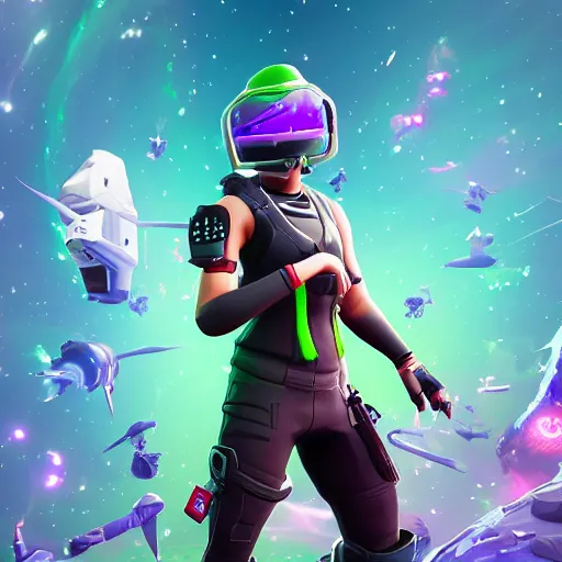 Image similar to playing the videogame fortnite in another dimension in outspace and winning fortnite battle royale victory, futuristic, sci - fi, dreamy, auoracore, y 2 k, time travel, hd, digital art, trending on artstation,