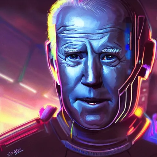 Prompt: joe biden as an android in a cyberpunk city at night, concept art, video game art, digital painting, vibrant