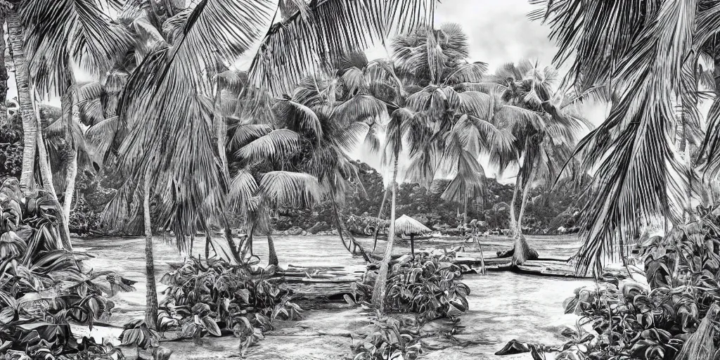 Image similar to tropical island, 8 k, high resolution, detailed charcoal drawing, beautiful hd, art nouveau, concept art, colourful artwork, in the style of konrad cramer