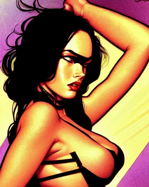 Image similar to low angle closeup very seductive megan fox retro scifi goddess pinup, vr goggles, action glamour pose, windblown dark hair, hyper detailed, digital art, studio lighting, smooth, ambient lighting, sharp focus, frank miller, wlop, anna dittmann, moebius!, alphonse mucha, patrick nagle!!!, rim lighting, synthwave