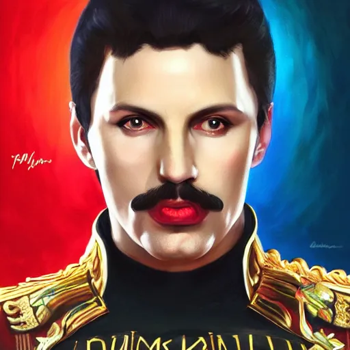 Prompt: Vladimir Putin as Freddy Mercury from Queen, portrait, highly detailed, digital painting, artstation, concept art, smooth, sharp focus, illustration, cinematic lighting, art by artgerm and greg rutkowski and alphonse mucha