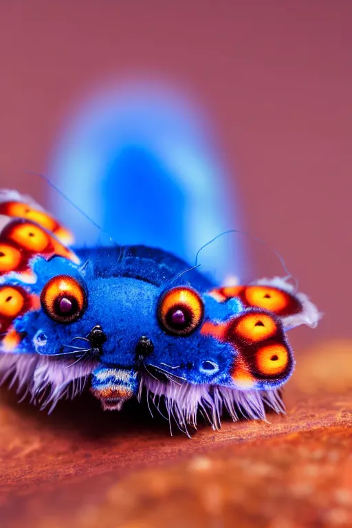 Image similar to high quality macro photo cute puss moth caterpillar! highly detailed hannah yata elson peter cinematic blue lighting high quality low angle hd 8k sharp shallow depth of field