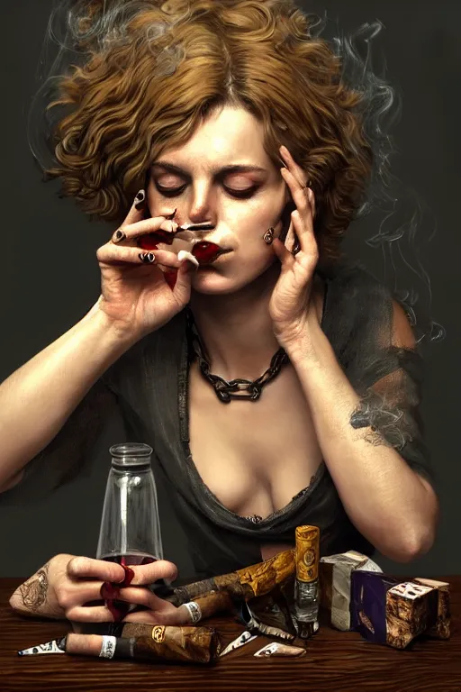 Image similar to dirty faced and very tired womanlooking pile smoking a winebottle, drugs, cigarrette boxes at the table, fantasy, intricate, elegant, highly detailed, digital painting, artstation, concept art, addiction, chains, smooth, sharp focus, illustration, art by Ilja Repin