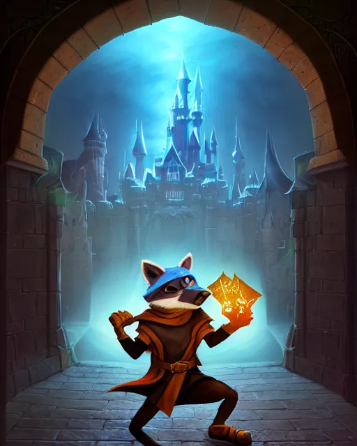Prompt: 3 d model, highly detailed digital illustration portrait of hooded sorcerer sly cooper raccoon casting a magical glowing spell in a castle, action pose, d & d, magic the gathering, craig mullins, artgerm, moebius, dan mumford, octane, wlop, disney, pixar,