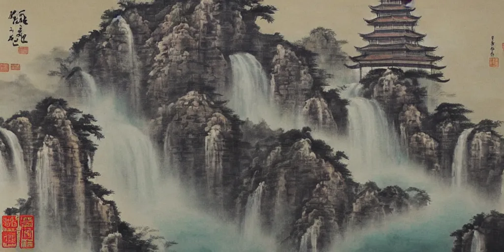 Image similar to “ large temple in the middle of waterfall in chinese watercolor painting, oil painting, masterpiece, aesthetic ”