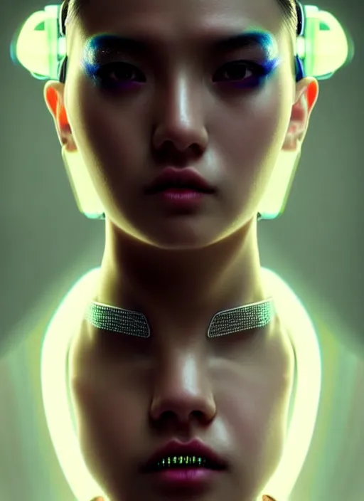 Image similar to photorealistic portrait of futuristic oriental female humanoid with freckle cheeks, cyber neon lightings, cyberpunk high fashion, elegant pose, intricate details, crispy quality, digital photography, trending in artstation, trending in pinterest, no watermark signature, cinematic, 4 k ultra hd, art by artgerm, art by greg rutkowski, art by pascal blanche