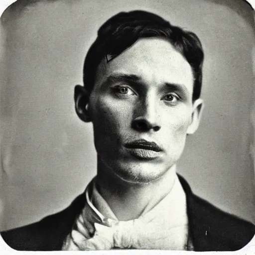 Image similar to early victorian headshot photograph of a mix between cillian murphy, tom hardy and tom hiddleston, very grainy, blurry, 1 8 4 0 s, 1 8 5 0 s, realistic face, rare