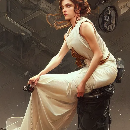 Image similar to Female mechanic, intricate, elegant, highly detailed, digital painting, artstation, concept art, illustration, art by Artgerm and Greg Rutkowski and Alphonse Mucha