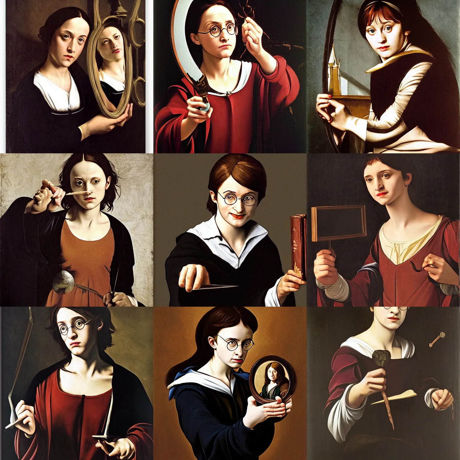 Prompt: female harry potter holding a mirror by caravaggio